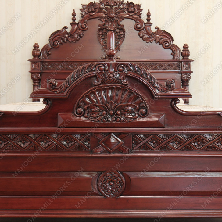 Red Mahogany Gothic Bed w/ Rococo Carvings