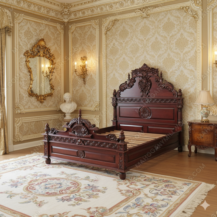 Custom Red Mahogany Gothic Bed w/ Rococo Carving Theme