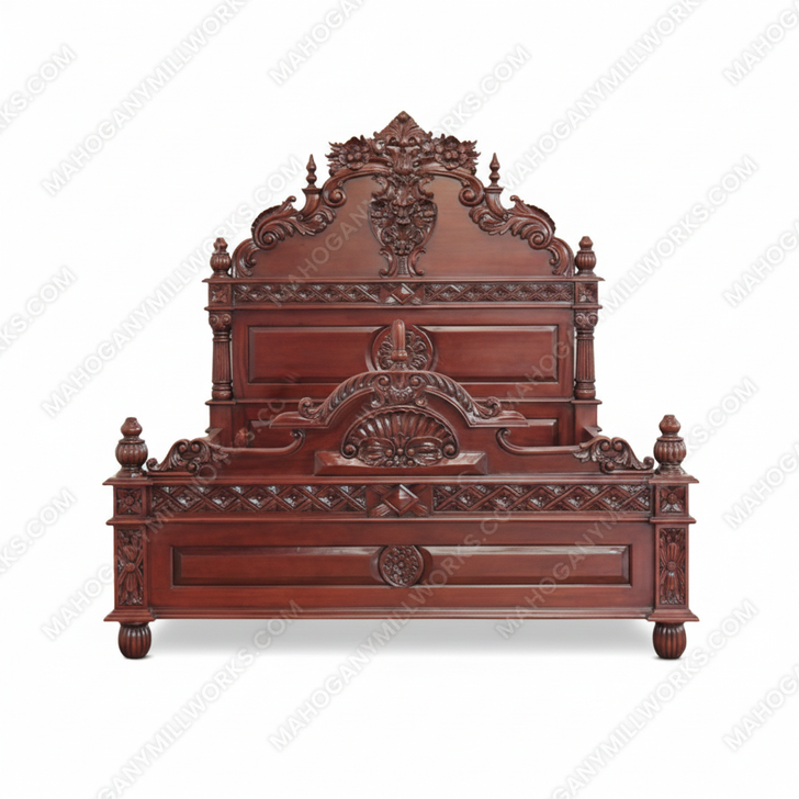 Custom Red Mahogany Gothic Bed w/ Rococo Carving Theme