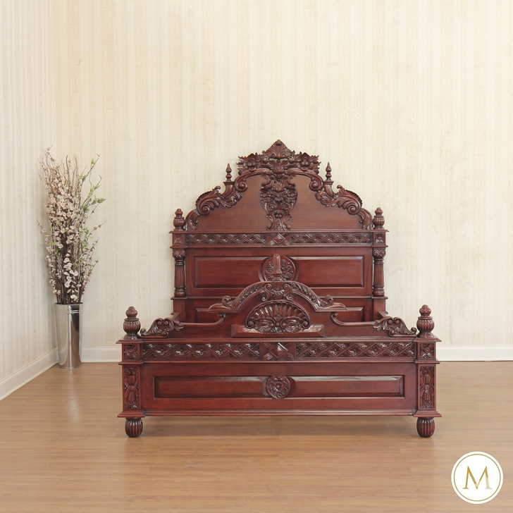 Red Mahogany Gothic Bed w/ Rococo Carvings