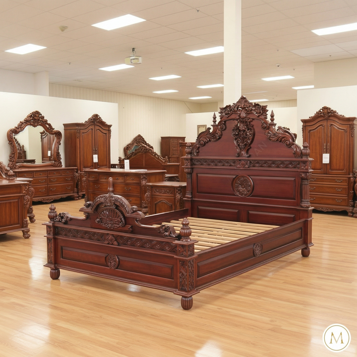 Red Mahogany Gothic Bed w/ Rococo Carvings