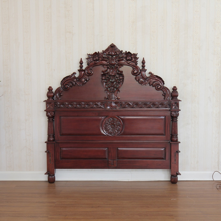 Red Mahogany Gothic Bed w/ Rococo Carvings