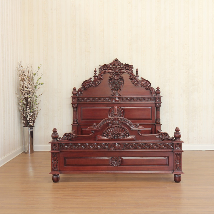 Red Mahogany Gothic Bed w/ Rococo Carvings