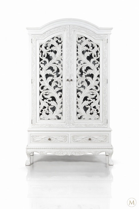 Antique White Rococo Wardrobe Armoire