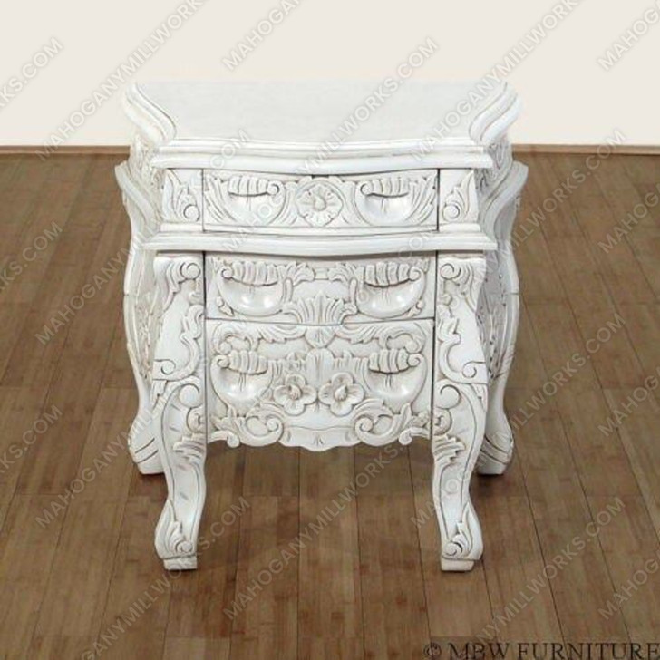 Antiqued White Rococo Nightstands / Bedside Tables Pair (2)