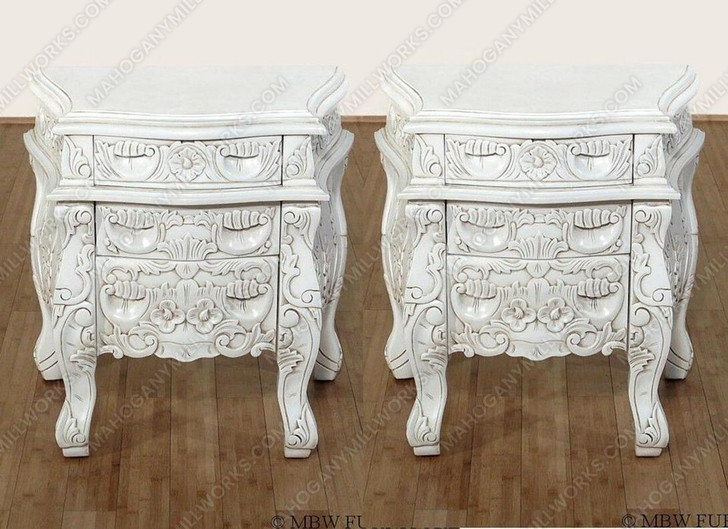 Antiqued White Rococo Nightstands / Bedside Tables Pair (2)