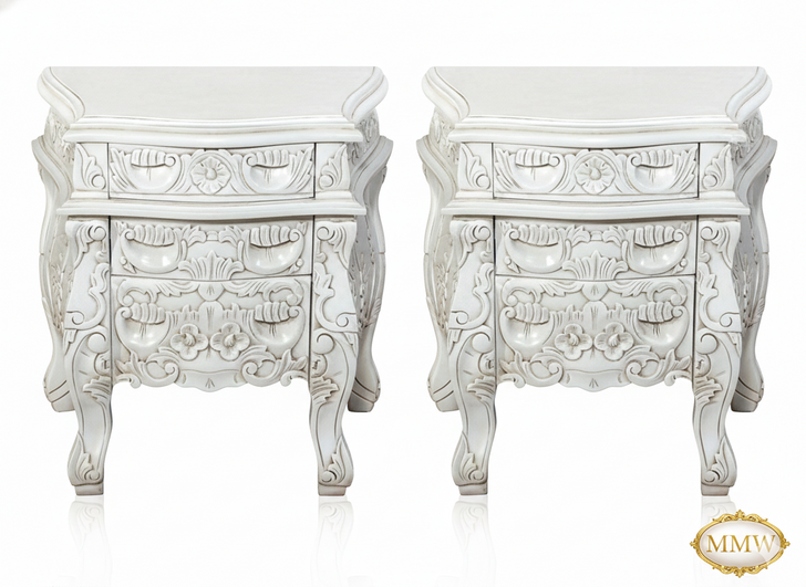 Antiqued White Rococo Nightstands / Bedside Tables Pair (2)