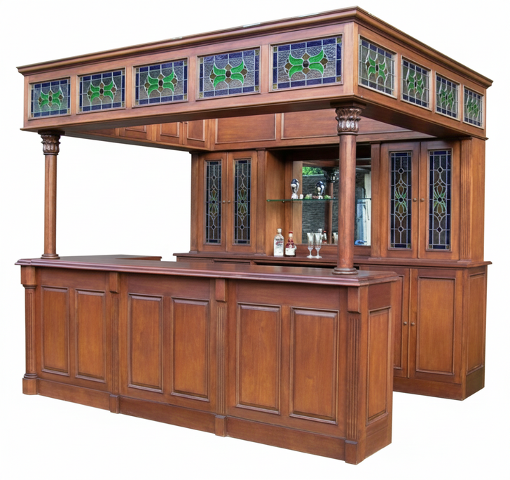 Venice Distressed Canopy Pub Bar w/ Stained Glass