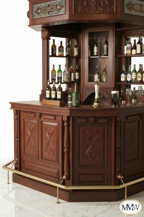 Mahogany Victorian Corner Canopy Home Bar w/ Stained Glass