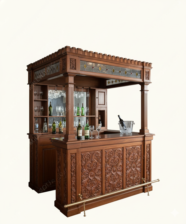 7ft Ornate Canopy Home Pub Bar Set w/ Stained Glass