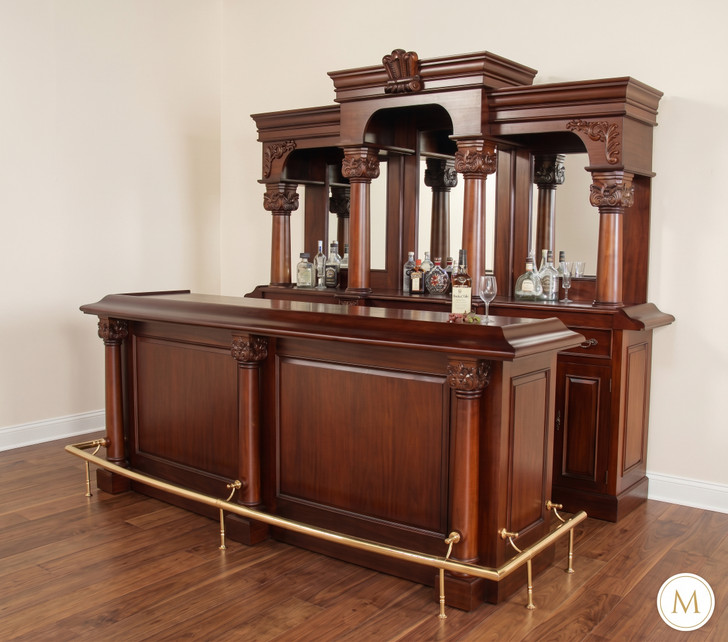 9ft Solid Mahogany Home Pub Bar w Mirrored Back & Brass Rails
