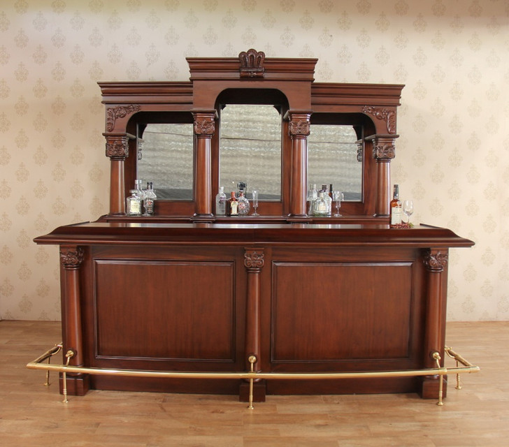 9ft Solid Mahogany Home Pub Bar w Mirrored Back & Brass Rails