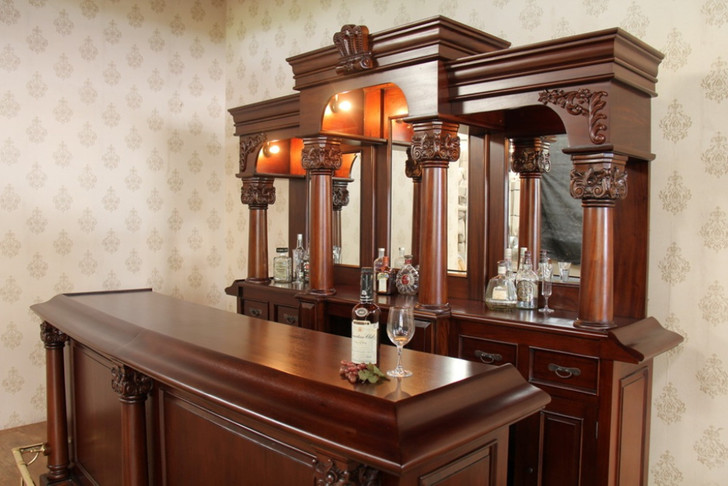 9ft Solid Mahogany Home Pub Bar w Mirrored Back & Brass Rails