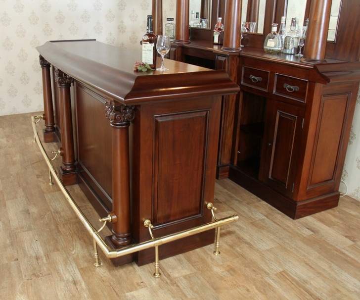 9ft Solid Mahogany Home Pub Bar w Mirrored Back & Brass Rails