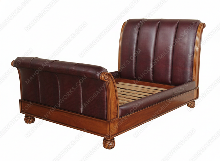Mahogany Faux Leather Queen Size Sleigh Bed - B-44-2-H-NC-FL