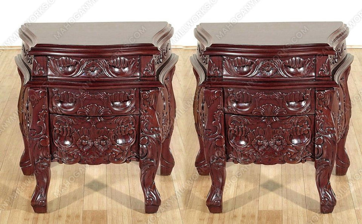 Pair of 2 Cherry Rococo 3 Drawer Nightstands / Bedside Tables / Chests