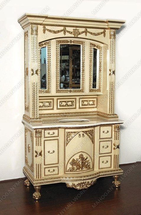 4.5Ft Antique Cream Bathroom Vanity Washstand w/ Medicine Cabinet
