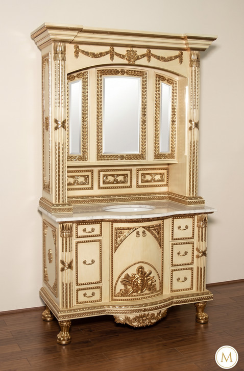 4.5Ft Antique Cream Bathroom Vanity Washstand w/ Medicine Cabinet
