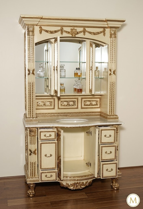 4.5Ft Antique Cream Bathroom Vanity Washstand w/ Medicine Cabinet