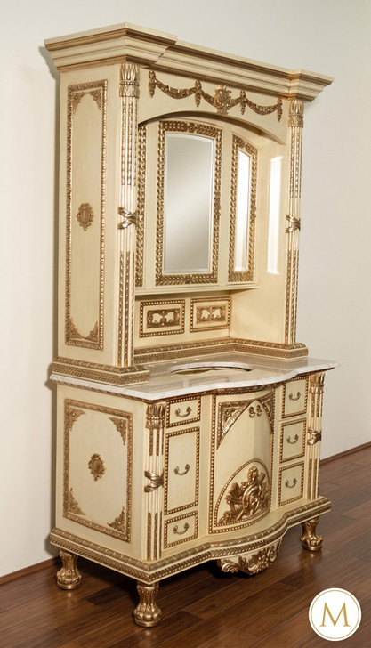 4.5Ft Antique Cream Bathroom Vanity Washstand w/ Medicine Cabinet