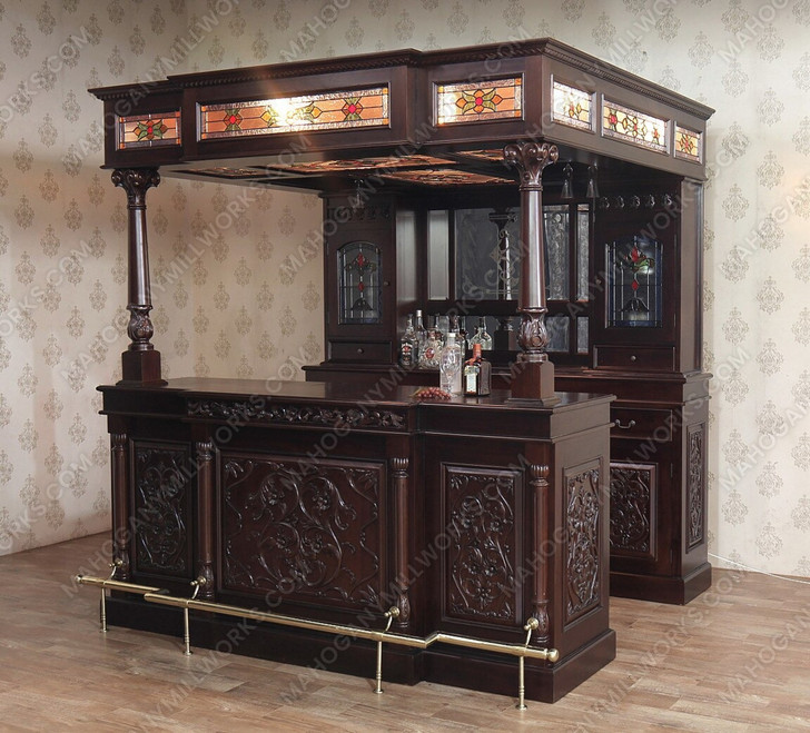 7ft Dark Mahogany Canopy Pub Bar w/ Stained Glass