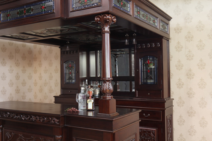 7ft Dark Mahogany Canopy Pub Bar w/ Stained Glass