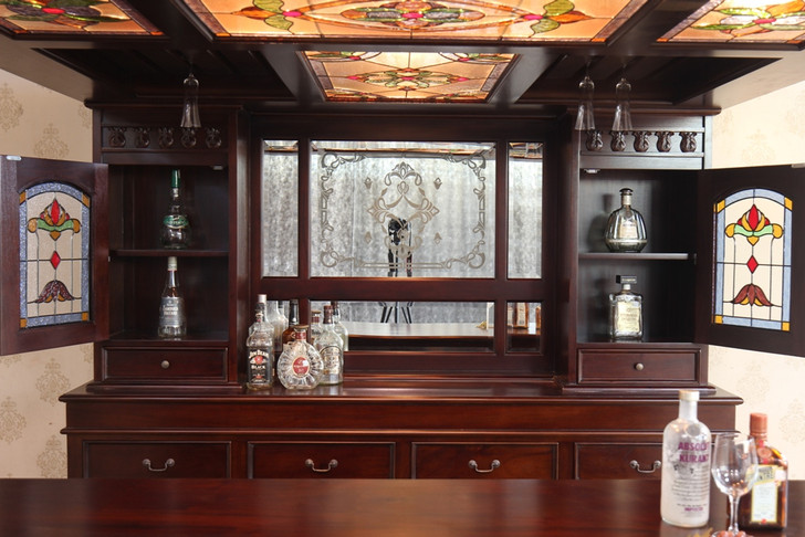 7ft Dark Mahogany Canopy Pub Bar w/ Stained Glass
