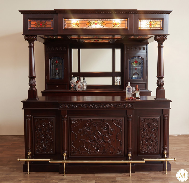 7ft Dark Mahogany Canopy Pub Bar w/ Stained Glass