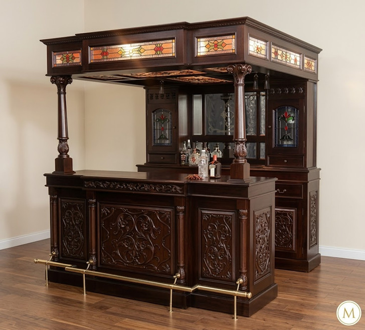 7ft Dark Mahogany Canopy Pub Bar w/ Stained Glass
