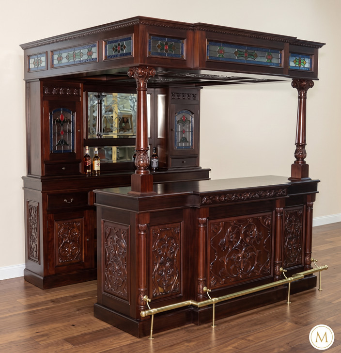 7ft Dark Mahogany Canopy Pub Bar w/ Stained Glass