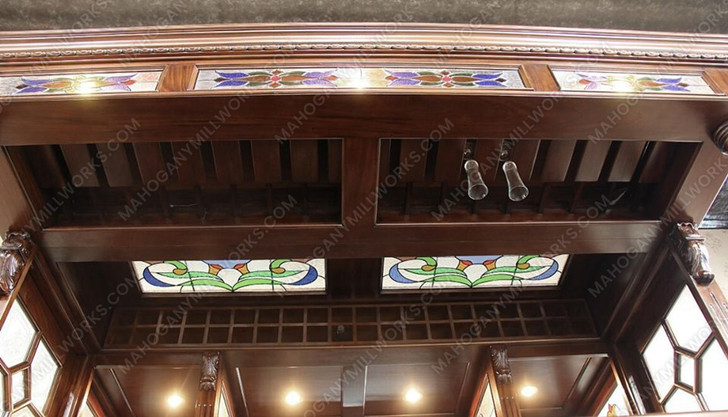 8.5ft Mahogany Canopy Pub Bar w/ Leaded Stained Glass Doors