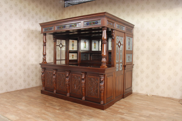 8.5ft Canopy Pub Bar w/ Leaded Stained Glass Doors