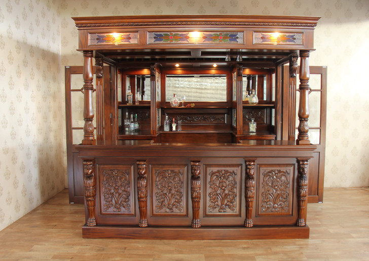 8.5ft Canopy Pub Bar w/ Leaded Stained Glass Doors