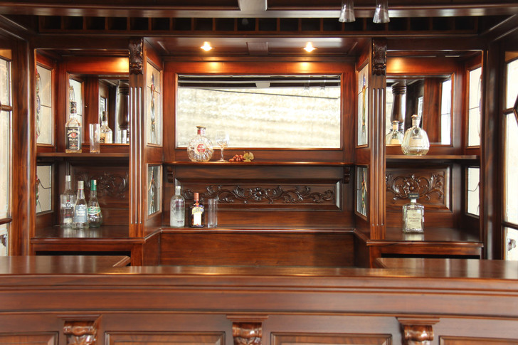 8.5ft Mahogany Canopy Pub Bar w/ Leaded Stained Glass Doors
