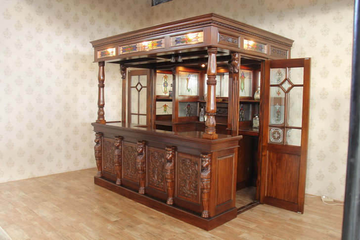 8.5ft Canopy Pub Bar w/ Leaded Stained Glass Doors