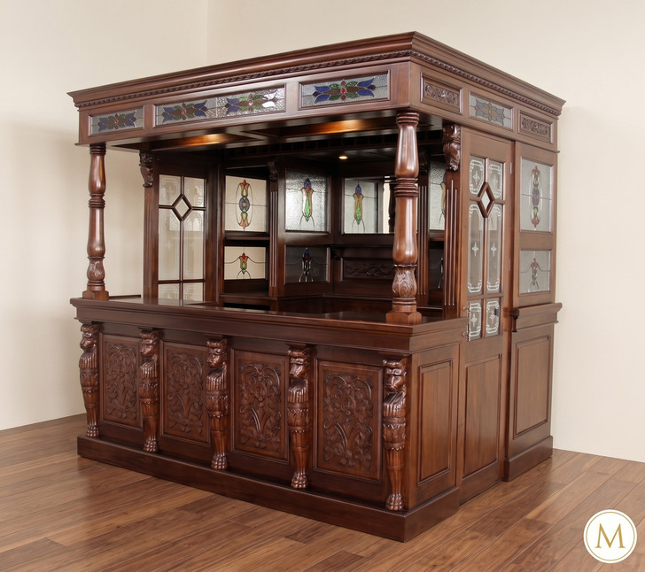8.5ft Canopy Pub Bar w/ Leaded Stained Glass Doors