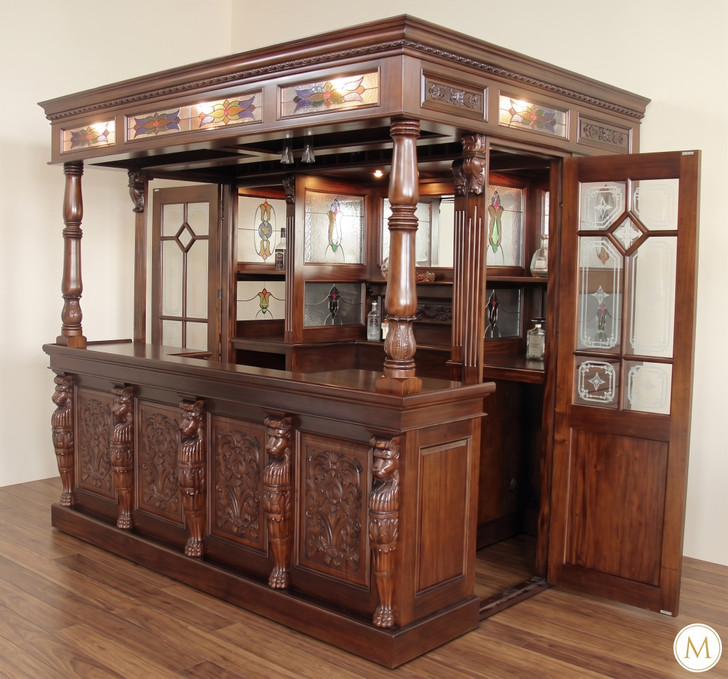 8.5ft Canopy Pub Bar w/ Leaded Stained Glass Doors