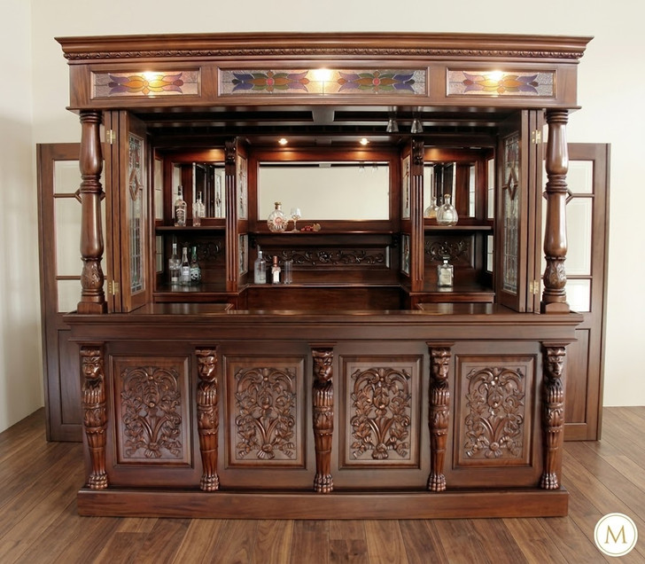 8.5ft Canopy Pub Bar w/ Leaded Stained Glass Doors