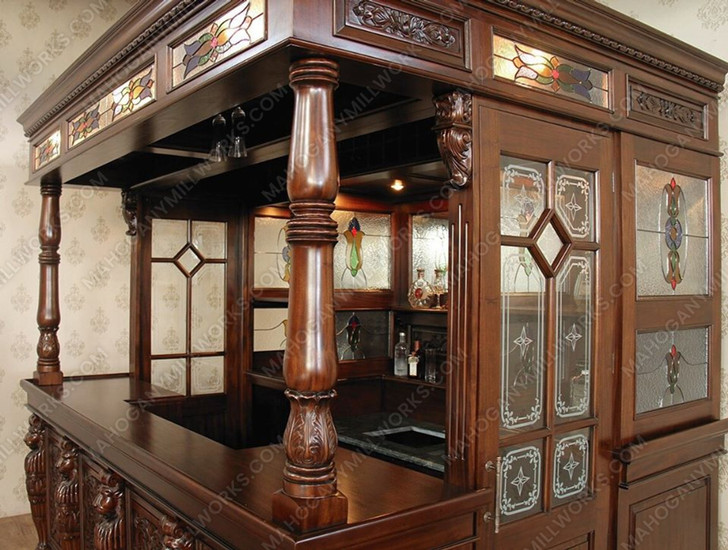 8.5ft Canopy Pub Bar w/ Leaded Stained Glass Doors