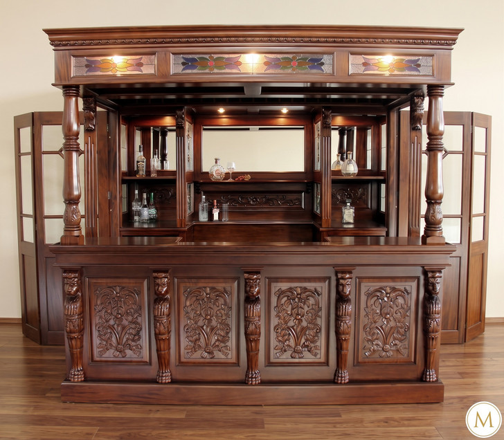 8.5ft Canopy Pub Bar w/ Leaded Stained Glass Doors