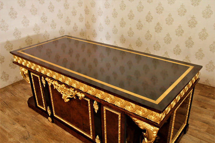 French Empire Mappa Burl Inlay & Gold Executive Office Desk