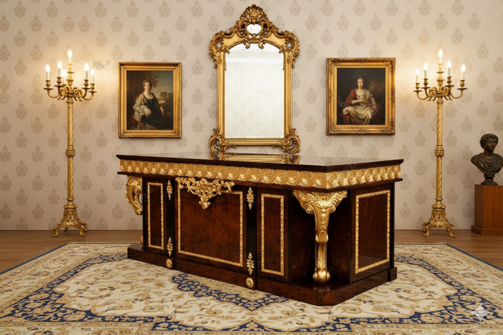 French Empire Mappa Burl Inlay & Gold Executive Office Desk