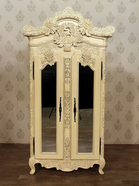 Antique Cream French Rococo Ornate Cabinet w/ Mirrors