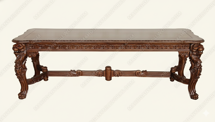 7.5ft Mahogany Gothic Rectangular Dining or Conference Table w/ Lion Figures
