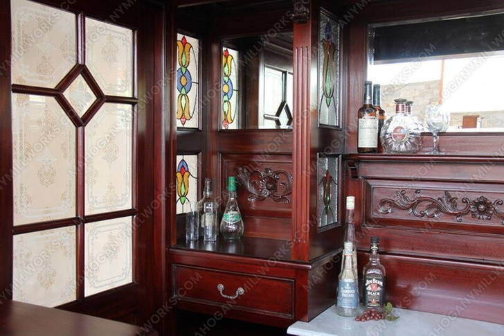 8.5ft Solid Mahogany Leaded Stained Glass Lion Carved Canopy Pub Bar