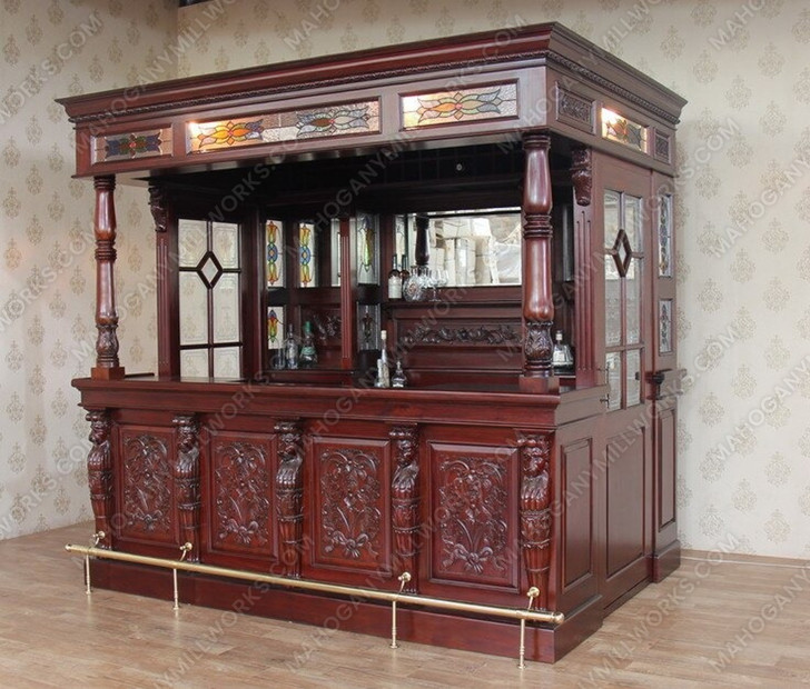 8.5ft Solid Mahogany Leaded Stained Glass Lion Carved Canopy Pub Bar