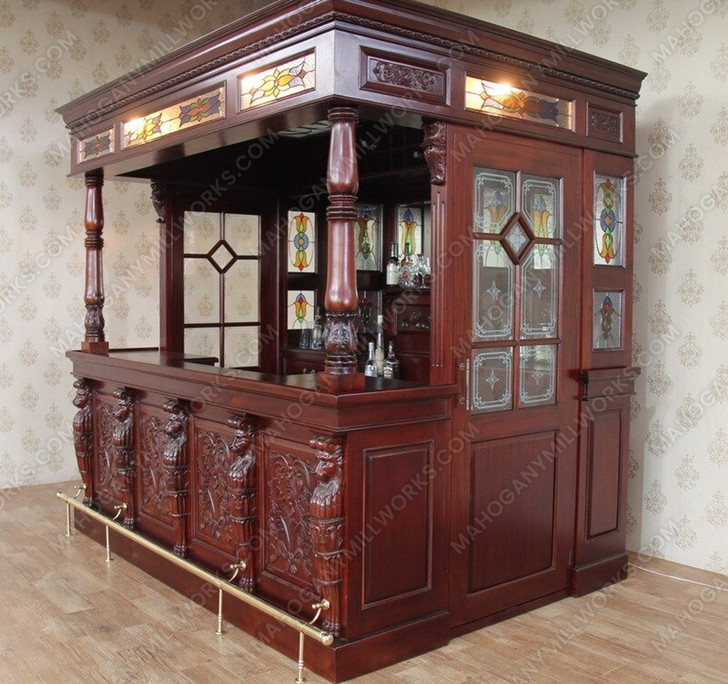 8.5ft Solid Mahogany Leaded Stained Glass Lion Carved Canopy Pub Bar