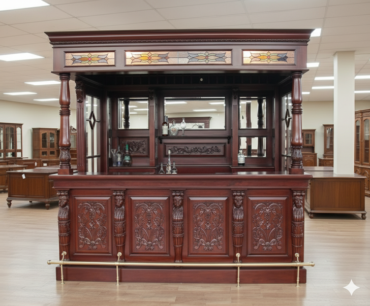 8.5ft Solid Mahogany Leaded Stained Glass Lion Carved Canopy Pub Bar