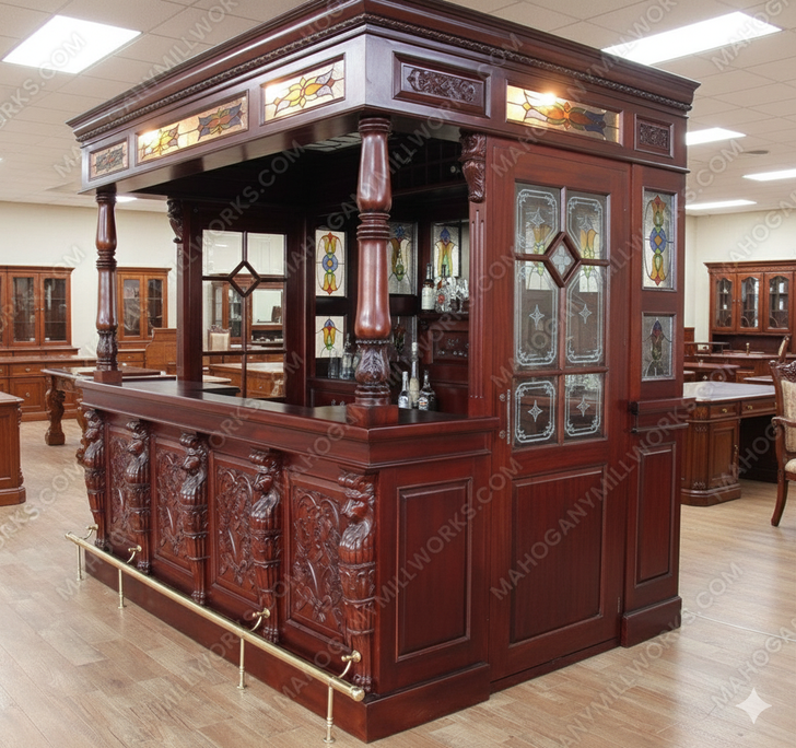 8.5ft Solid Mahogany Leaded Stained Glass Lion Carved Canopy Pub Bar