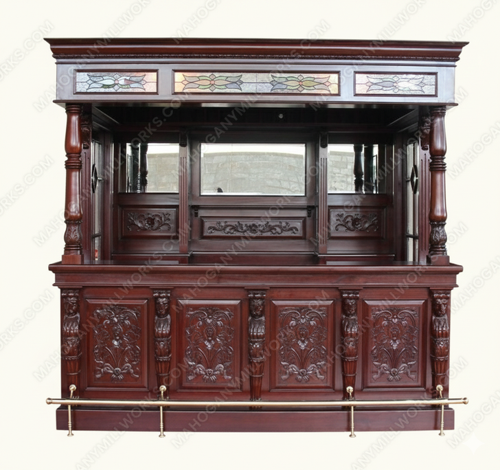 8.5ft Solid Mahogany Leaded Stained Glass Lion Carved Canopy Pub Bar